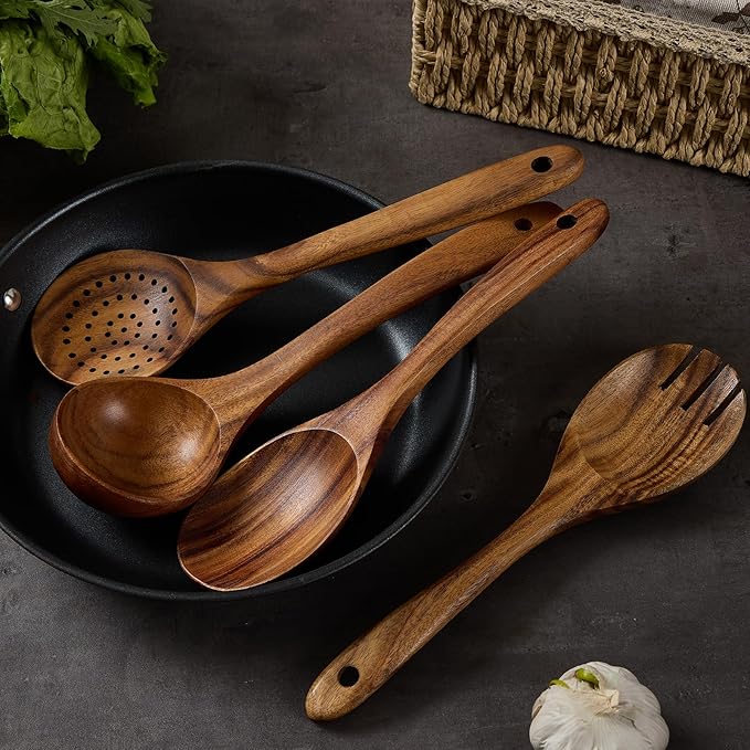 Wooden Kitchen Utensils Set, Teak Wood Cooking Spoons for Non-Stick Pans, 7 Pieces