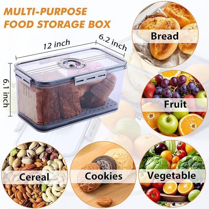 Circloophs 2 Pack Bread Box for Kitchen Countertop, 12X6X6 Inch Bread Container Storage Airtight Loaf, Clear Breadbox for Bread Storage, Refrigerator Lock Box for Fruit Storage Bread Holder with Bag