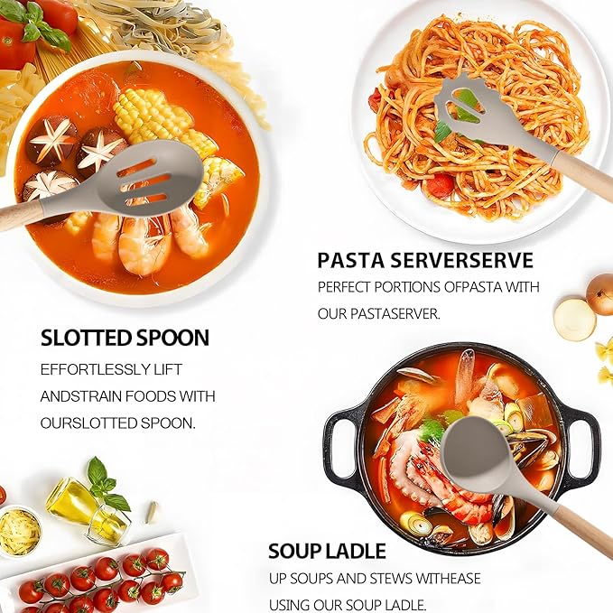 Silicone Cooking Utensil Set,12 PCS Cooking Cookware Kitchen Utensils Set, Nonstick 446°F Heat-Resistant Cookware Kitchen Tools of Spatula,Turner Tongs,Spoon,Brush,Whisk,(khaki)