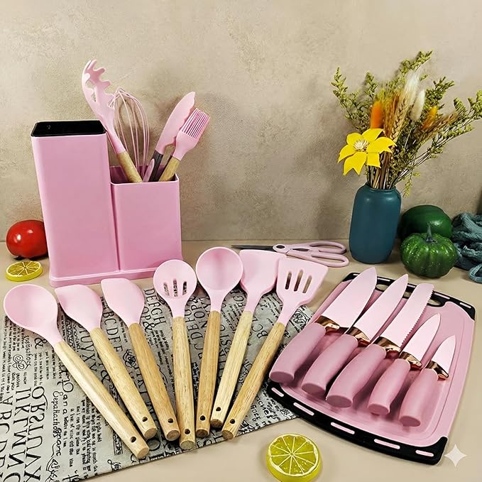 19-Piece Pink Kitchen Utensils Set - Silicone Cooking Utensils, Non-Toxic Spatula Set, Kitchen Tools, Cutting Board, Pink cooking utensils set
