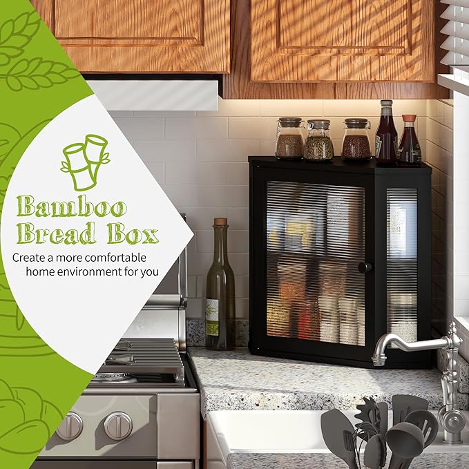 BMOSU Corner Bread Box for Kitchen Countertop Double Layer Bamboo Wooden Bread box Large Capacity Bread Storage Bin(Black, Medium)