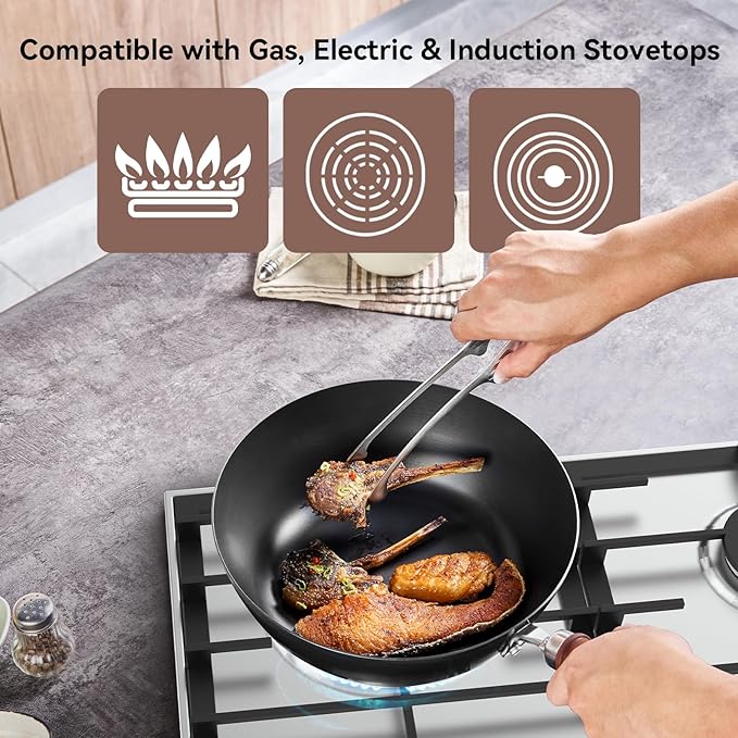 WANGYUANJI 10.24 Inch Iron Wok with Glass Lid, Flat Bottom Uncoated Wrought Iron Stir-Fry Pan, Deep Lightweight Wok Skillet with Wooden Handle for Gas, Electric & Induction Cooktops