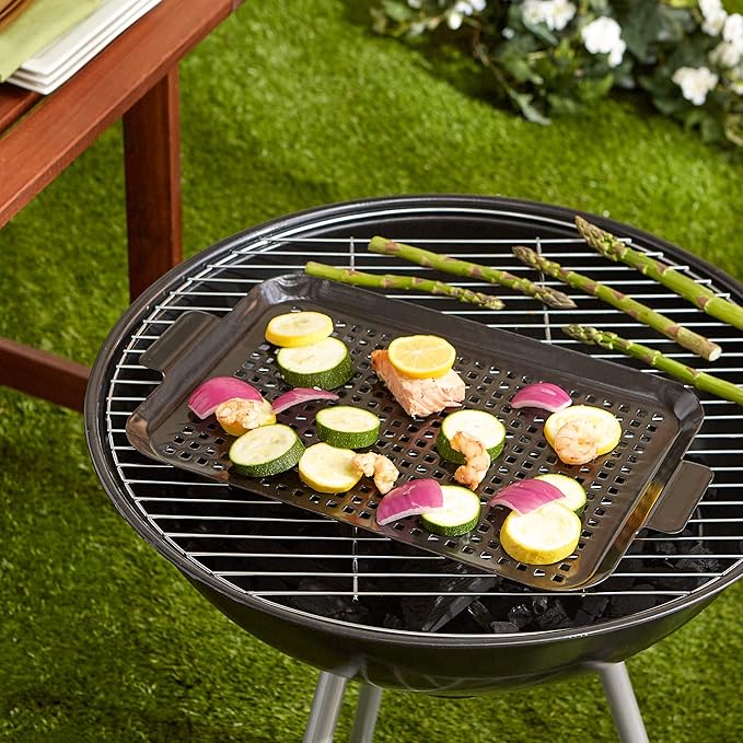 RSVP International Porcelain Coated Steel BBQ Grill Tray/Pan, Outdoor Barbeque Grilling Accessories for Cooking Fish & Vegetables, Dishwasher Safe, Medium, 16.75x10
