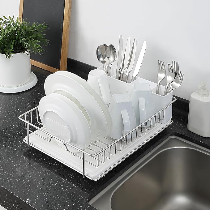 SunnyPoint 304 Stainless Steel Dish Drying Rack with Diatomaceous Earth Drainboard & Removable Utensil Caddy – Rust Resistant Countertop Dish Rack for Kitchen (Silvery-Grey)