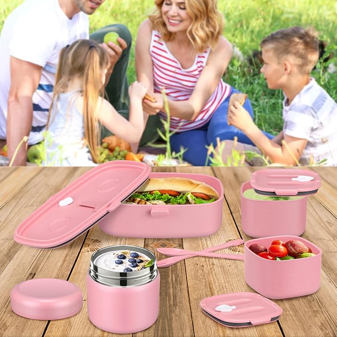 Bento Lunch Box with 8oz Soup Thermo, Kids Sustainable Bento Box Leakproof Lunch Food Containers with Lunch Bag, Kids Thermo Insulated Hot Food Jar for School, Trvael (Pink)