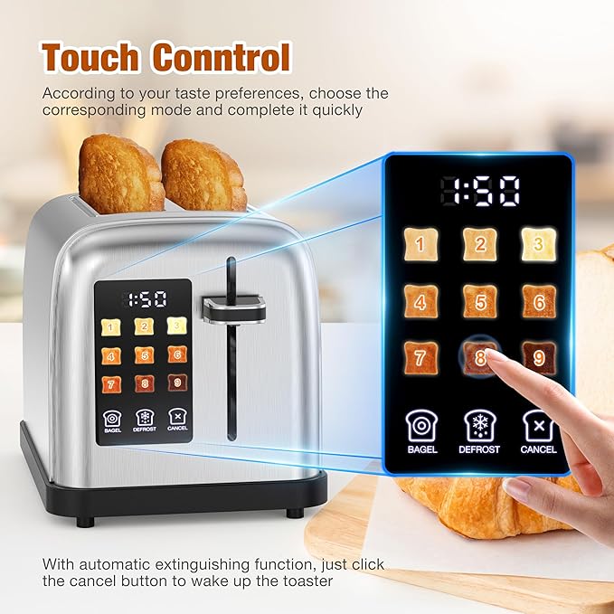 Touch Screen Toaster 2 Slice Stainless Steel Toaster with Digital Countdown Wide Slot LCD Display 2 Slice Toasters Smart Toasters 9 Shade Settings with Defrost/Bagel/Cancel Function