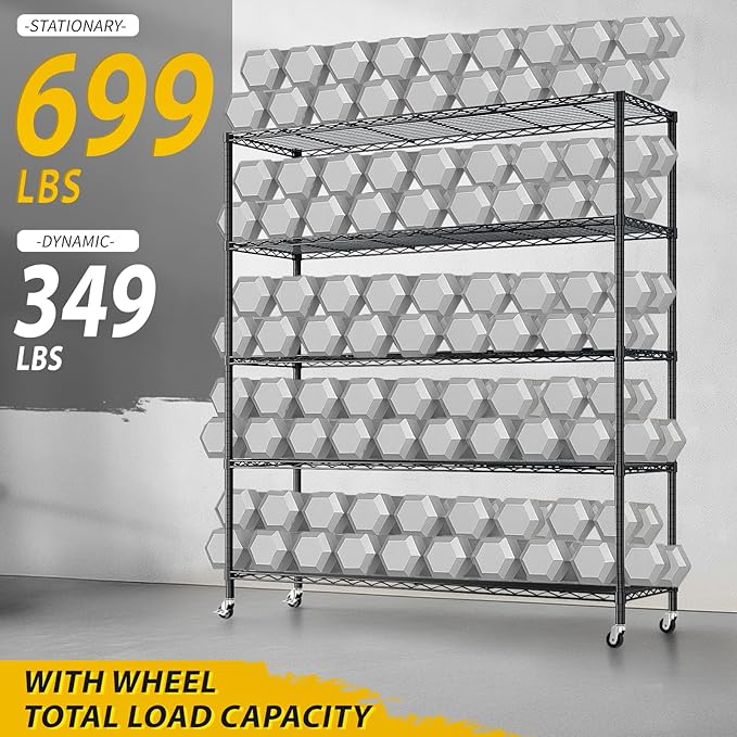 Karl home 5-Tier Adjustable Metal Storage Shelves, Wire Shelving Unit with Wheels & Leveling Feet, Heavy Duty Garage Shelving, Pantry & Kitchen Display Shelf Organizer, Home Storage Rack