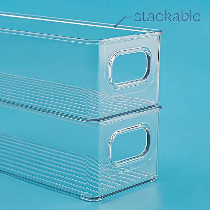 primebox Plastic Food Storage 8 Pack Clear Container Bin with Handles for Organizing Kitchen, Pantry, Fridge, Freezer, Pantry,Bathroom. Stackable 10"x4"3"