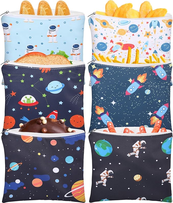 Chumia 6 Pcs Reusable Snack Bags Christmas Gifts Food Safety Washable Snack Bags Lunch with Zipper Portable Sandwich Bag Food Storage Pouch Double Layer(Astronaut,7 x 7 Inches)
