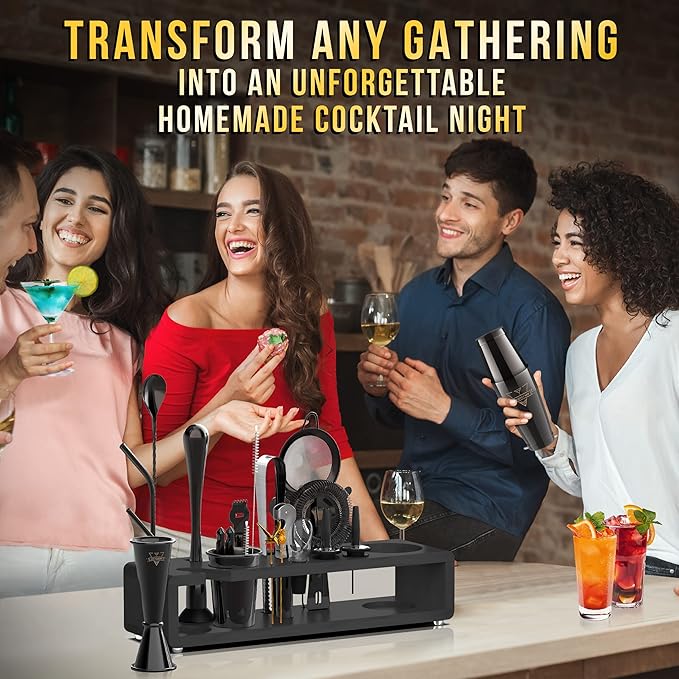 Elite Mixology Bartender Kit 20-Piece Boston Cocktail Shaker Set for Mixing with Stand- Indestructible Bar Accessories Bartending Kit, Cocktail Bar Set, Bartender Set, Bonus Recipe Cards Bar Tools