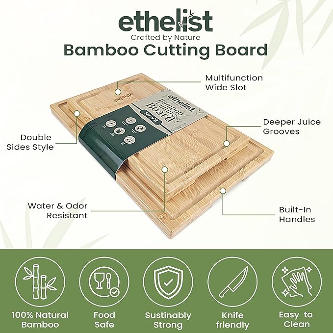 Premium Bamboo Wood Cutting Board Set - Kitchen Appliances for Home Cooks, Ideal Stocking Stuffers & Christmas Gifts, 3-Piece Knife-Friendly Boards with Juice Grooves