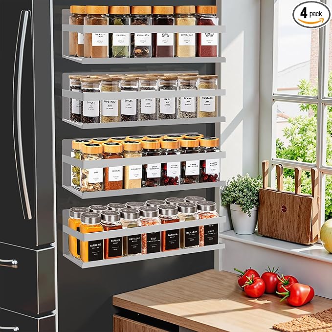 Magnetic Spice Rack for Refrigerator Seasoning Organizer for Spice Fridge Shelf storage Magnetic Shelf with Hook for Oven (4pack-Cut out-Grey)