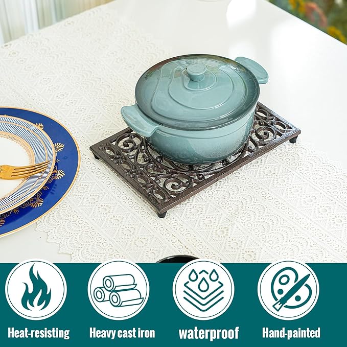Sungmor Rectangle Cast Iron Trivets, Metal Trivet for Hot Pots and Pans, Heavy Duty Rustic Wood Stove Tea Pot Trivet, Decorative Hot Pot Holder for Kitchen Counter and Dining Table, Intricate Pattern