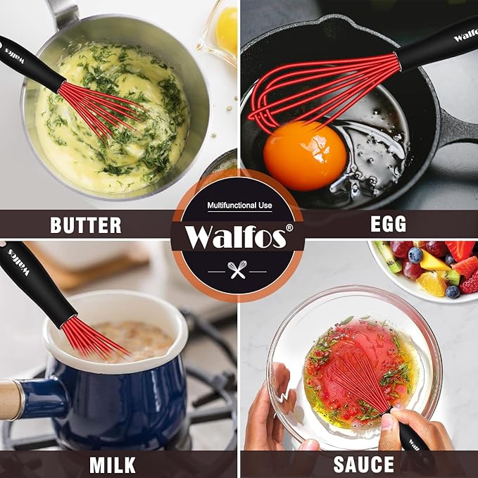 Walfos Mini Whisk Red Small whisk-Non Scatch Rubber Coated Whisks,Mini silicone whisk 5&7 inch Tiny Wisk,Nice for mixing and stirring small batches of powder and sauce in small bowl containers.2pcs