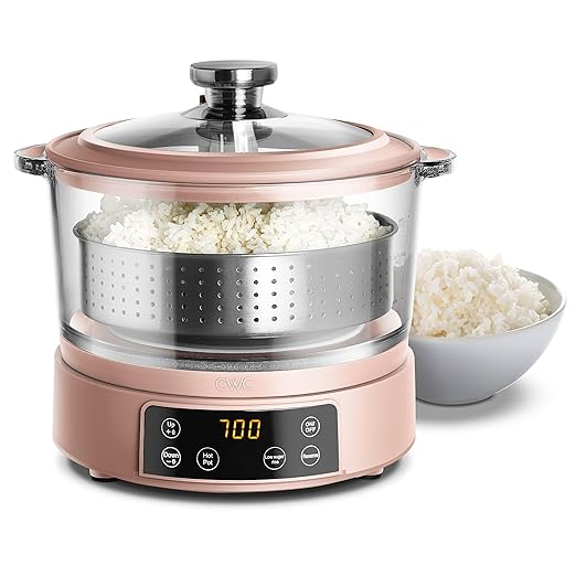 COOK WITH COLOR 3L Glass Mini Low Carb Rice Cooker – Holds 2 Cups Raw/Makes 6 Cups Cooked with Auto Lift Filter Basket, Hotpot & Steamer for Rice, Grains, Digital Panel with Keep Warm, Dusty Rose