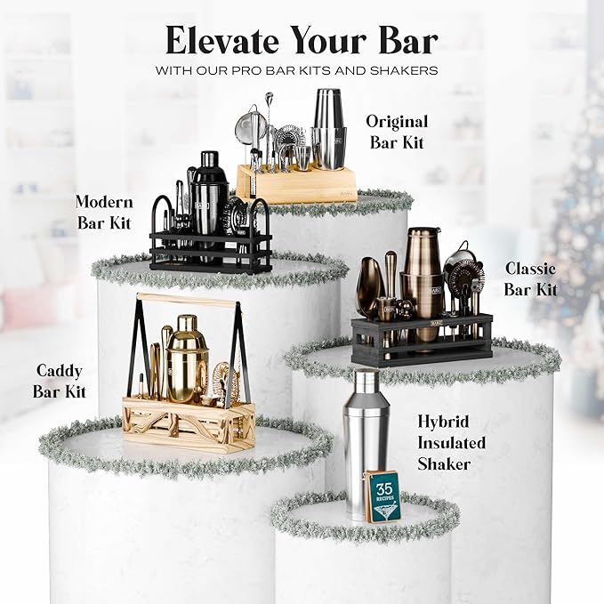 BARE BARREL® Mixology Bartender Kit Bar Set | 14-Piece Cocktail Shaker Set | Martini Barware Mixing Tools for Home Bartending | 35 Recipe Cards | Gift Set (24oz Cobbler Shaker, Copper/Black)