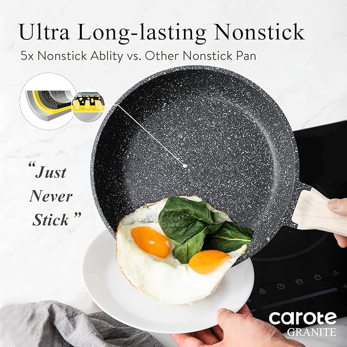 CAROTE Non Stick Frying Pan Skillet, Omelet Pan, Healthy Non Toxic Granite Chef Pan, Induction Compatible Egg Frying Pan with Heat-Resistant Handle, PFOA-Free,Black, 10"