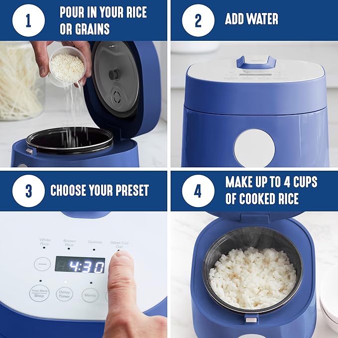 GreenLife Digital Rice Cooker, 2-Cups Uncooked/4-Cups Cooked, Removable Nonstick Ceramic PFAS-Free Pot, One-Touch Presets, Oats, Quinoa, Brown Rice, Auto Keep Warm, Fuzzy Logic Tech, 1.5QT, Navy Blue