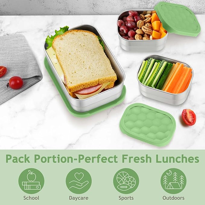 Homikit 3 Pack Kids Lunch Box Set, 18/10 Stainless Steel Bento Boxes with Silicone Lids Leak Proof, 5 Cups Reusable Metal Food Snack Containers for School Daycare, Nontoxic & Dishwasher Safe, Green