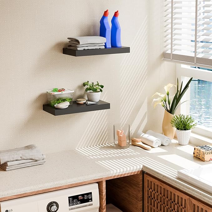 Black 16 Inch Floating Shelves for Wall, 8 Inch Deep Floating Shelves Set of 2, Wall Shelves for Bathroom Over Toilet, Live Edge Shelf with Invisible Brackets for Bedroom, Home Decor