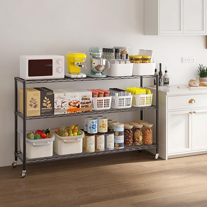Karl home 3-Tier Adjustable Metal Storage Shelves, Wire Shelving Unit with Wheels & Leveling Feet, Heavy Duty Garage Shelving, Pantry & Kitchen Display Shelf Organizer, Home Storage Rack