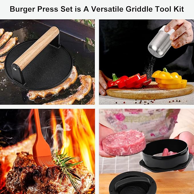 POLIGO Smash Burger Press Kit - 4 in 1 Hamburger Patty Storage Containers,6.69" Round Cast Iron Smash Bacon Press- Non Stick Smash Burger Press Set for Grill and Griddle Cooking