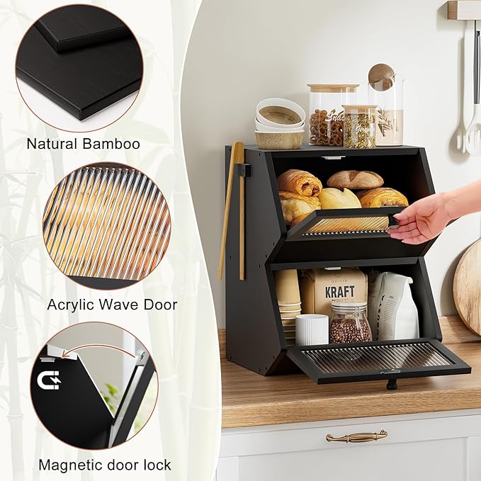 WOWLIVE Double Layer Bread Box for Kitchen Countertop, Large Bamboo Bread Storage Container for Homemade Bread, Farmhouse Bread Holder for Kitchen Counter Cabinet, Pantry, Cupboard (Black, Medium)