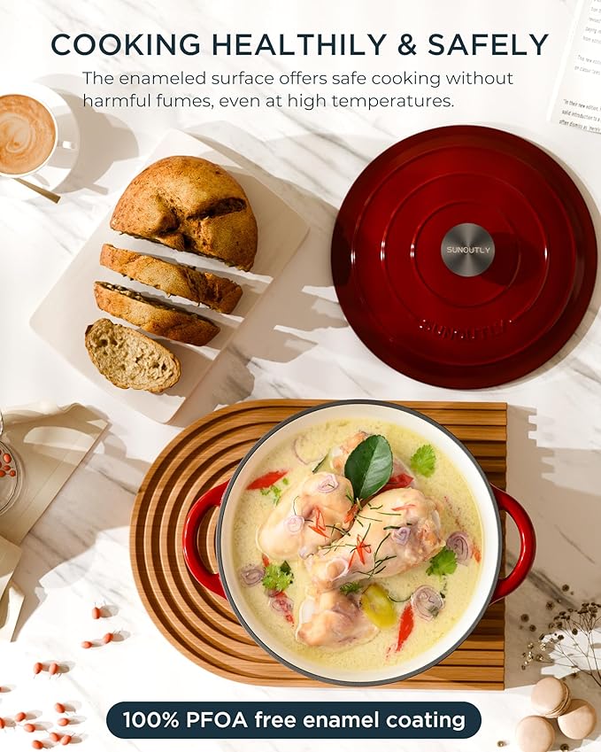 Enameled Cast Iron Dutch Oven - 7.5QT Pot with Lid & Cotton Potholders - Heavy-Duty Cookware for Braising, Stews, Roasting, Bread Baking, Oven Safe up to 500°F & Suitable for All Cooktops, Cherry Red