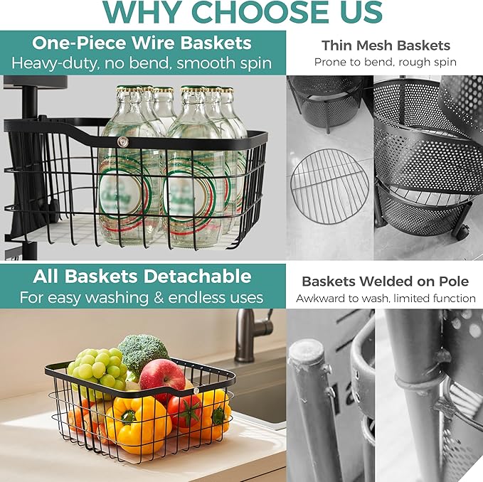 3 Tier Kitchen Fruit Vegetable Storage Cart with One-Piece Rotating Basket, Pantry Organizer Shelf Rack Floor Stand for Veggie Onion Potato Produce Spice, Rolling Snack Cart on Wheels, Black