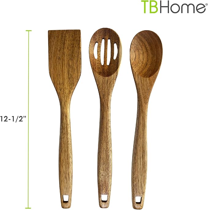 TB Home 3 Piece Acacia Wood Kitchen Utensils Set, Wooden Cooking Utensils Set
