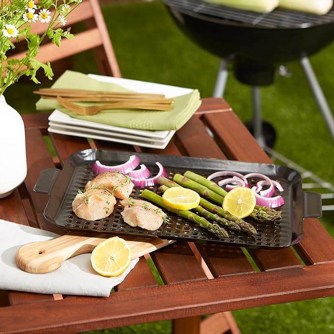 RSVP International Porcelain Coated Steel BBQ Grill Tray/Pan, Outdoor Barbeque Grilling Accessories for Cooking Fish & Vegetables, Dishwasher Safe, Medium, 16.75x10