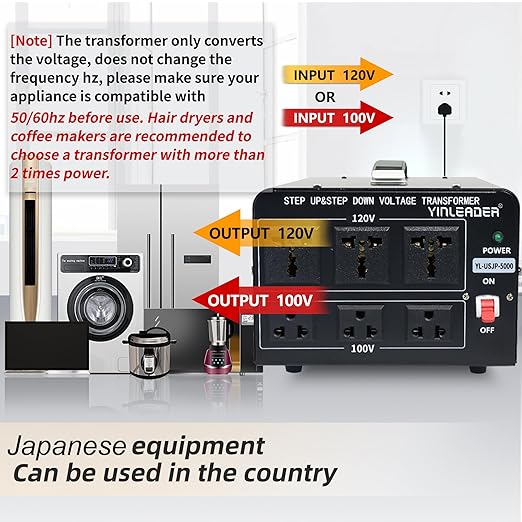 Yinleader 120V to 100V US to Japan Voltage Converter Step Down/Up Transformer for Japanese Industrial or High-Power Use in US(5000W)