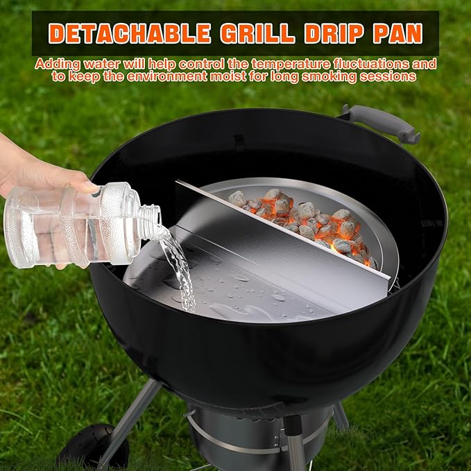 onlyfire Stainless Steel Detachable Grill Drip Pan for Weber 22" Kettle Grills, Grease Tray Liner with Removable Charcoal Divider, Semi-Circular