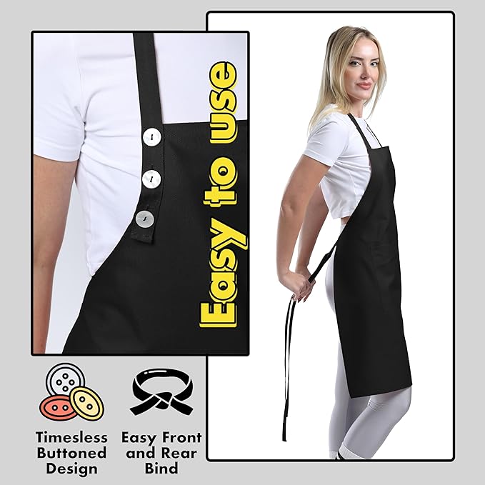 TOSHE Kitchen Apron Waterdrop Resistant Cotton Apron with adjustable Aprons for Women with Pockets 10 Color option Cooking Black Apron (Black)