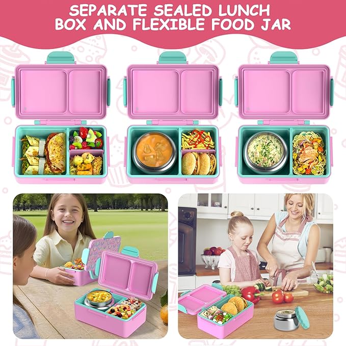 Kids Bento Lunch Box – 12 oz Stainless‑Steel Soup Thermo & 3‑Compartment Leak‑Proof Food Container with Built‑In Ice Pack, Insulated Food Jar for Boys & Girls, School & Travel
