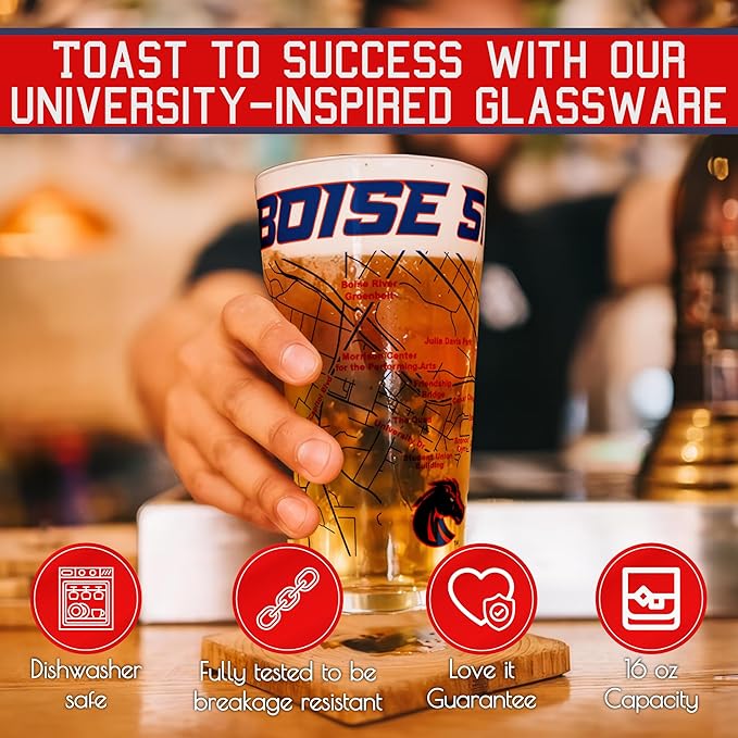 Greenline Goods – Boise State University Broncos College Pint Beer Glasses (Set of 2), 16 oz – Full-Color Logo + Campus Map