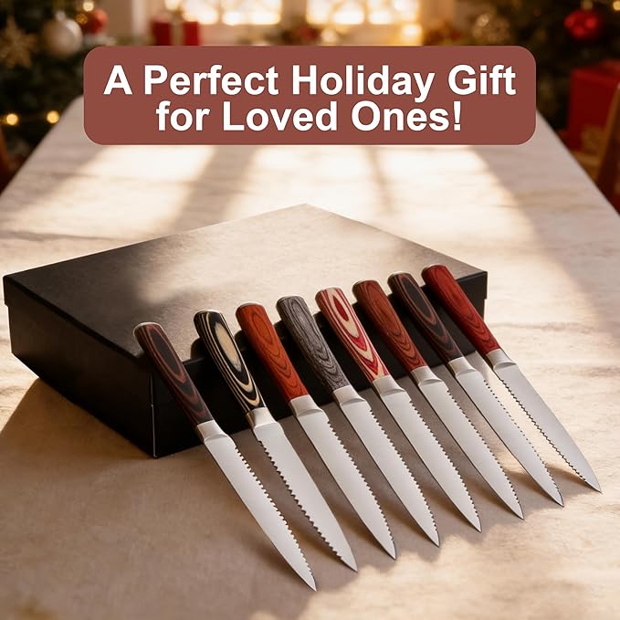 Pakkawood Steak Knives Set of 12, 12PCS Set of Stainless Steel Serrated Steak Knives with Pakka Wood Handle, Fine Edge Dinner Knife Set with Gift Box for Home Party