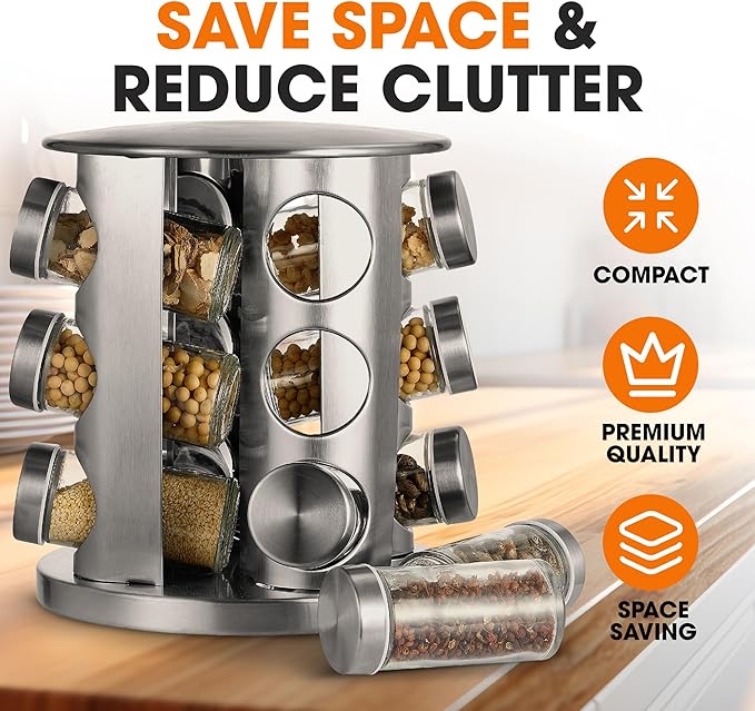 Cheer Collection Rotating Spice Rack for Countertop with 12 Jars, Stainless Steel Revolving Storage Organizer for Spices and Seasonings, plus Dry Erase Marker and 48 Reusable Labels