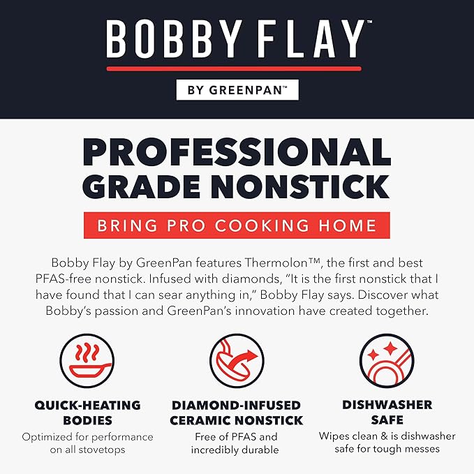 GreenPan x Bobby Flay 12" Nonstick Frying Pan Skillet, PFAS-Free Diamond Ceramic, Induction Suitable, Stay-Cool Silicone Handle, Easy Clean Dishwasher & Oven Safe, Egg & Omelet Pan, Graphite