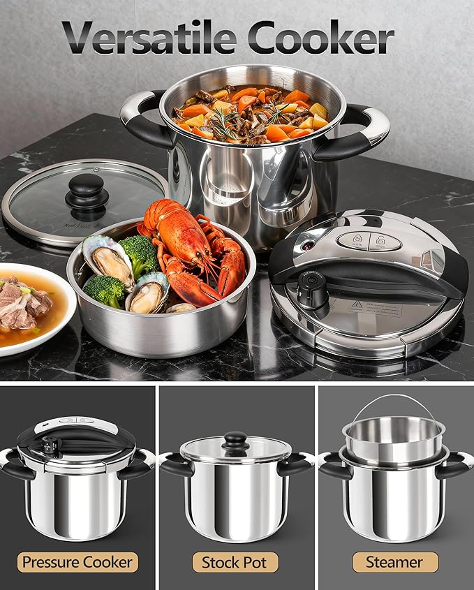 MICHELANGELO Small Pressure Cooker Stainless Steel, 3.2 Quart Olla de Presion, One-Hand Locking System, Induction Compatible, with Glass Lid & Steamer