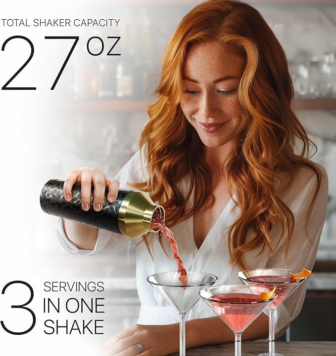 Insulated Cocktail Shaker Set | Double Wall Stainless Steel | Martini Shaker for Home Bar Bartending | Built-in Drink Measurement System & Strainer, Travel Bag, 35 Recipes | Gift Set (Leopard Gold)