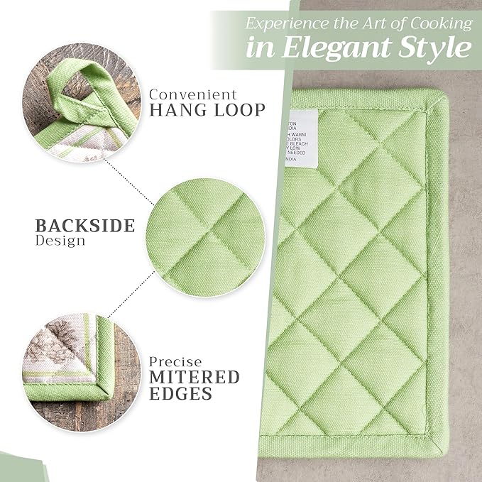 Maison d' Hermine 100% Cotton Oven Mitt & Pot Holder Set (7.5"x13" & 8"x8") Heat Resistant BBQ Cooking Gloves with Loop for Thanksgiving Christmas Decorations Handling Hot Pans (Christmas Dew)