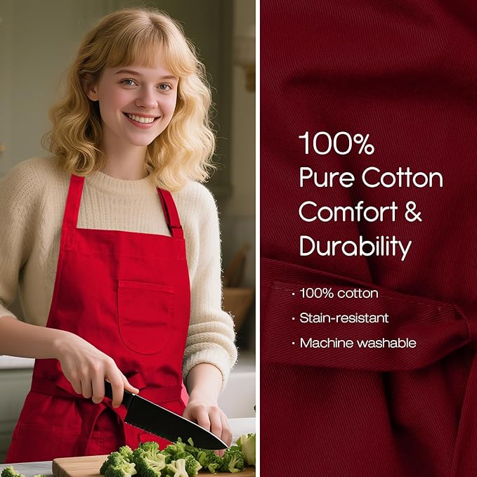 Unisex Apron with Pockets for Cooking, Salon & Art - 100% Cotton Adult Kitchen, Chef, Stylist Apron (Red)