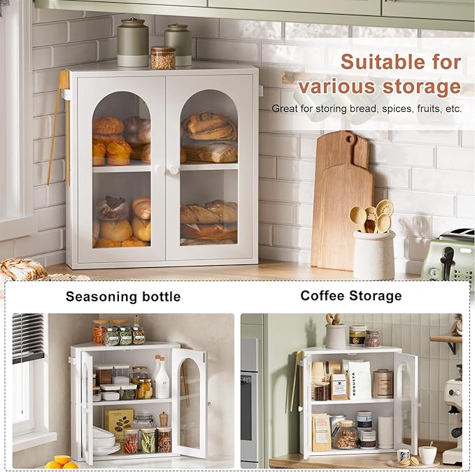 WOWLIVE Corner Bread Box for Kitchen Countertop, 2 Tier Bamboo Bread Storage Container for Homemade Bread with Clear Acrylic Door Panel, Bread Bin Farmhouse Breadbox Organizer (White, Extra Large)