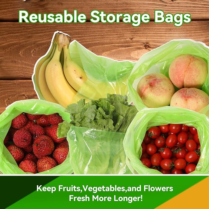 Reusable Produce Bag,Vegetable and Fruit Storage Bags 40PK, Green Color Fresh Bags Keep Vegetable and Fruit Stay Fresh Longer,Sterilization Bag,Salad Fresh Bag