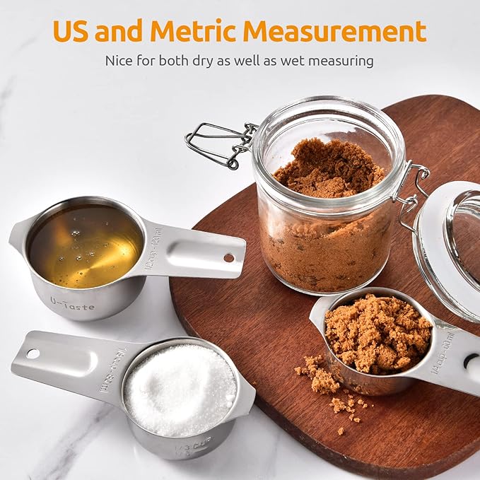 Measuring Cups: U-Taste 18/8 Stainless Steel Measuring Cups Set of 7-Piece: 1/8 cup, 1/4 cup, 1/3 cup, 1/2 cup, 2/3 cup, 3/4 cup, 1 cup Dry and Liquid Ingredients