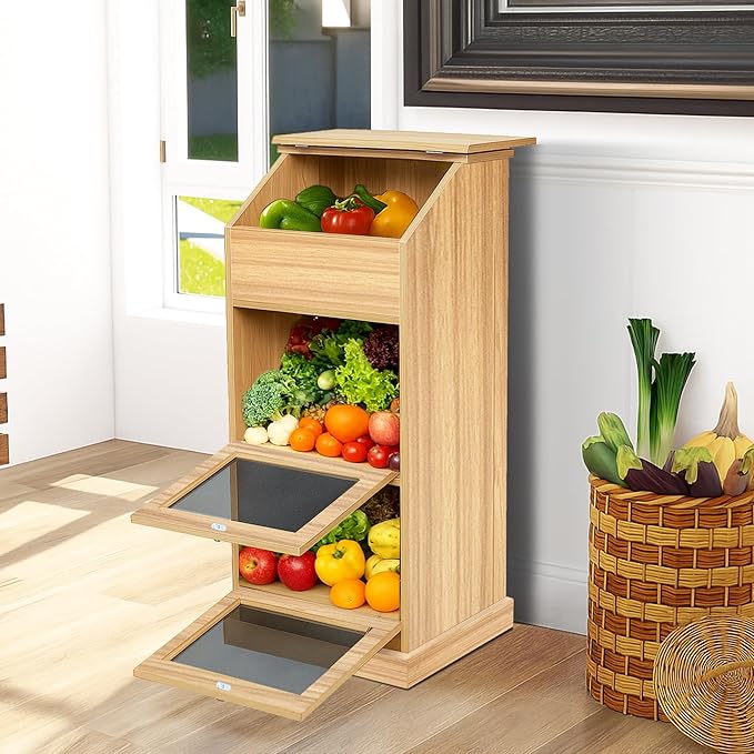 Potato Storage Bin, 3-Tier Potato and Onion Storage Bin with Lid, Wooden Bread Box for Fruit and Vegetable,Food Storage Containers for Kitchen Pantry (Oak)