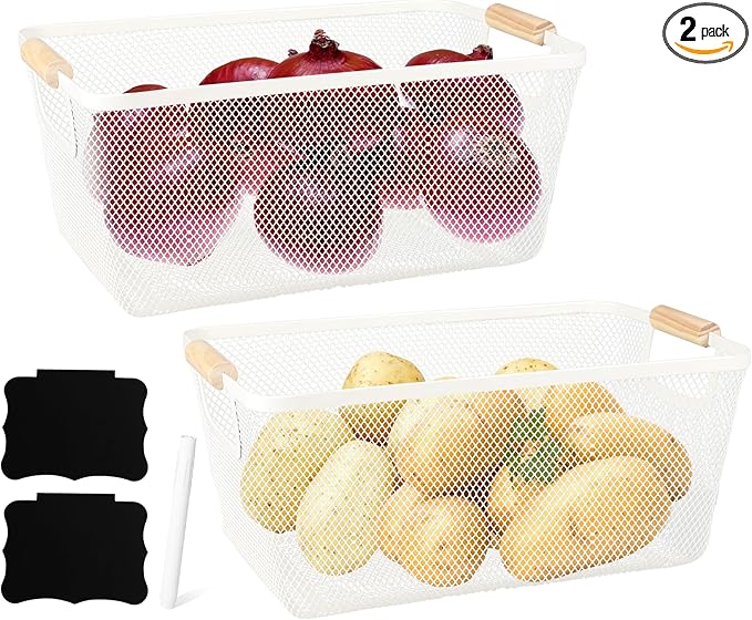Potato and Onion Storage Bin, 2 Set Potato Bin Storage and Onion Container with Wooden Handle, Pantry Kitchen Organization and Storage, Metal Mesh Baskets for Fruit, Vegetable, Produce-White