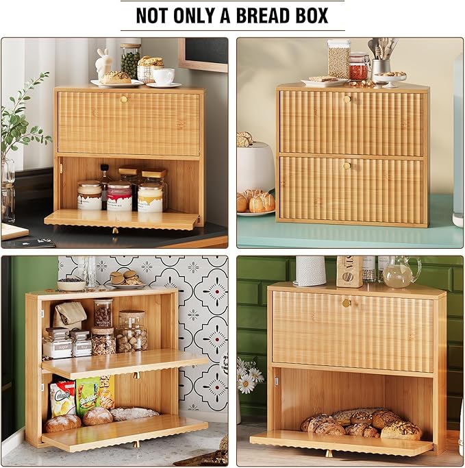 Corner Bread Box for Kitchen Countertop Bamboo Two Layer Large Capacity Bread Storage Bin Vintage Storage for Homemade Bread (Natural Bamboo)
