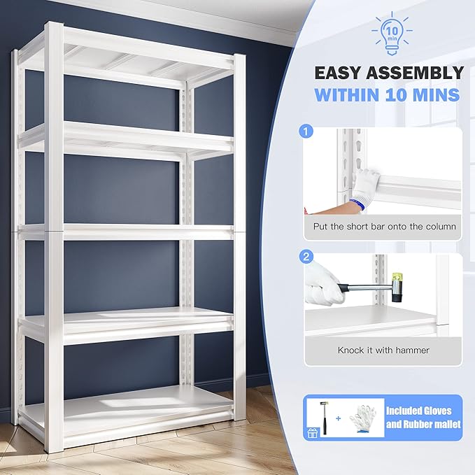 Raybee Garage Shelving, 72" H Storage Shelves, 2000LBS Metal Shelving Heavy Duty, White Shelves Metal Shelf for Closet Pantry Kitchen 72" H x 31.8" W x16.4 D